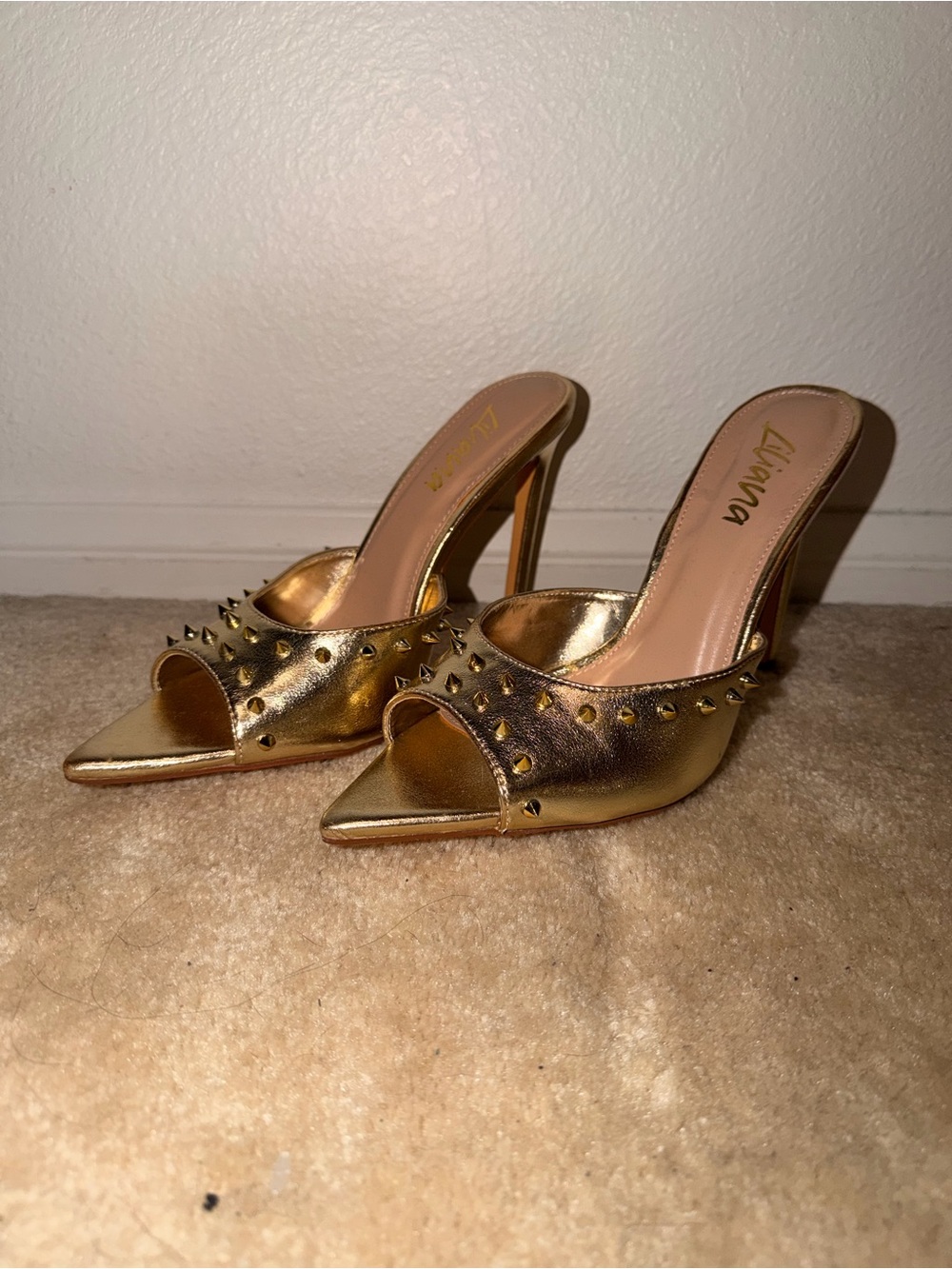 Miss Lola Metallic Gold Studded Pointed-Toe Mule Heels